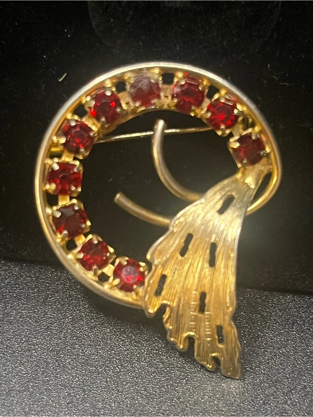 Vintage Red Rhinestone Gold Tone Swirl Brooch